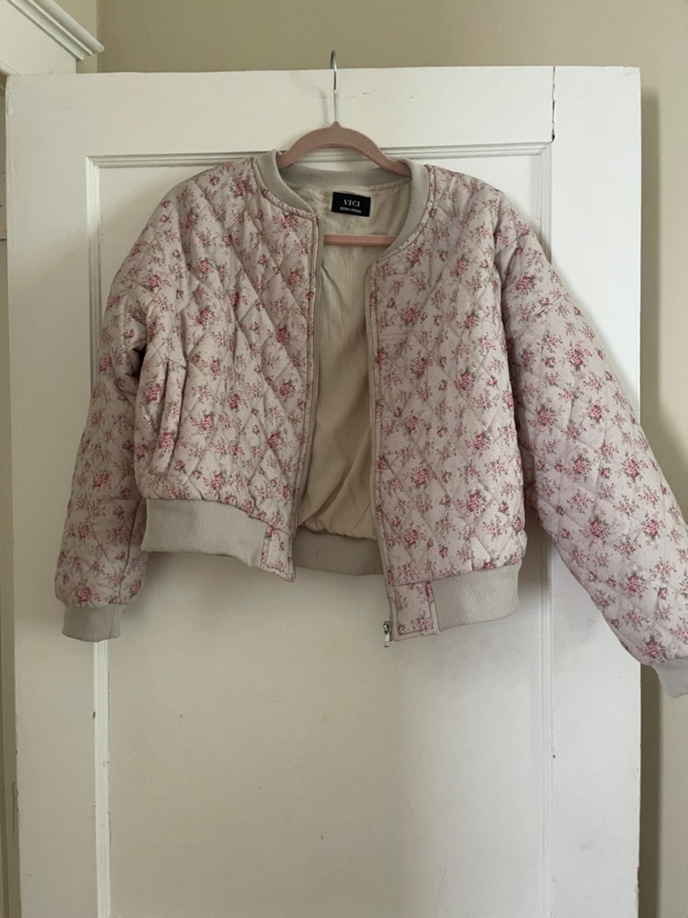 VICI Quilted Floral Bomber Jacket in Beige and Pink